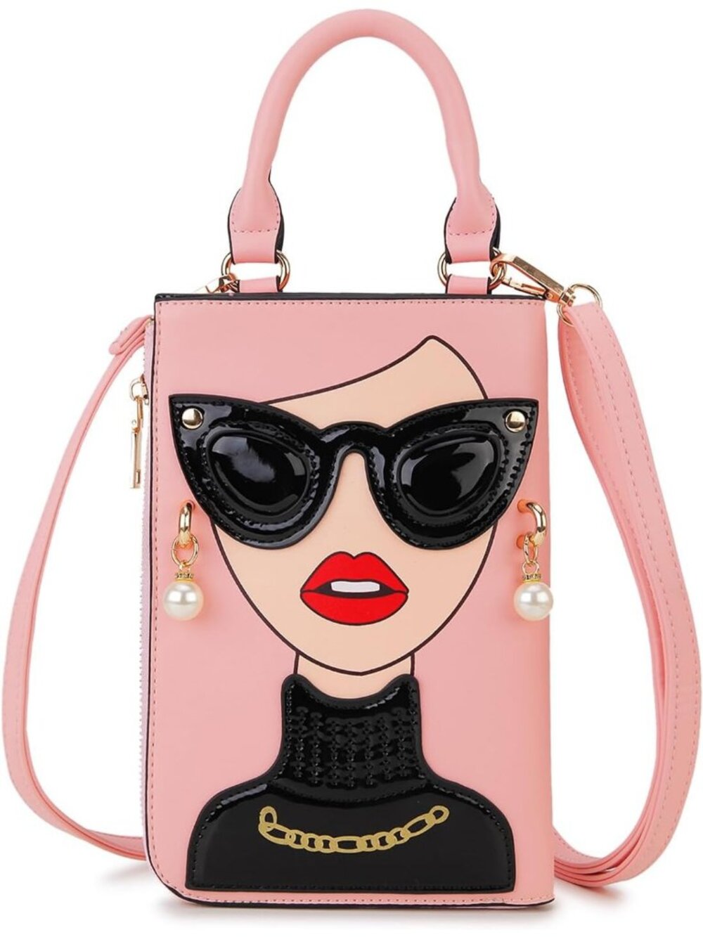 Women Pink Novelty Lady Face PU Leather Shoulder Bag Handle Satchel Clutch